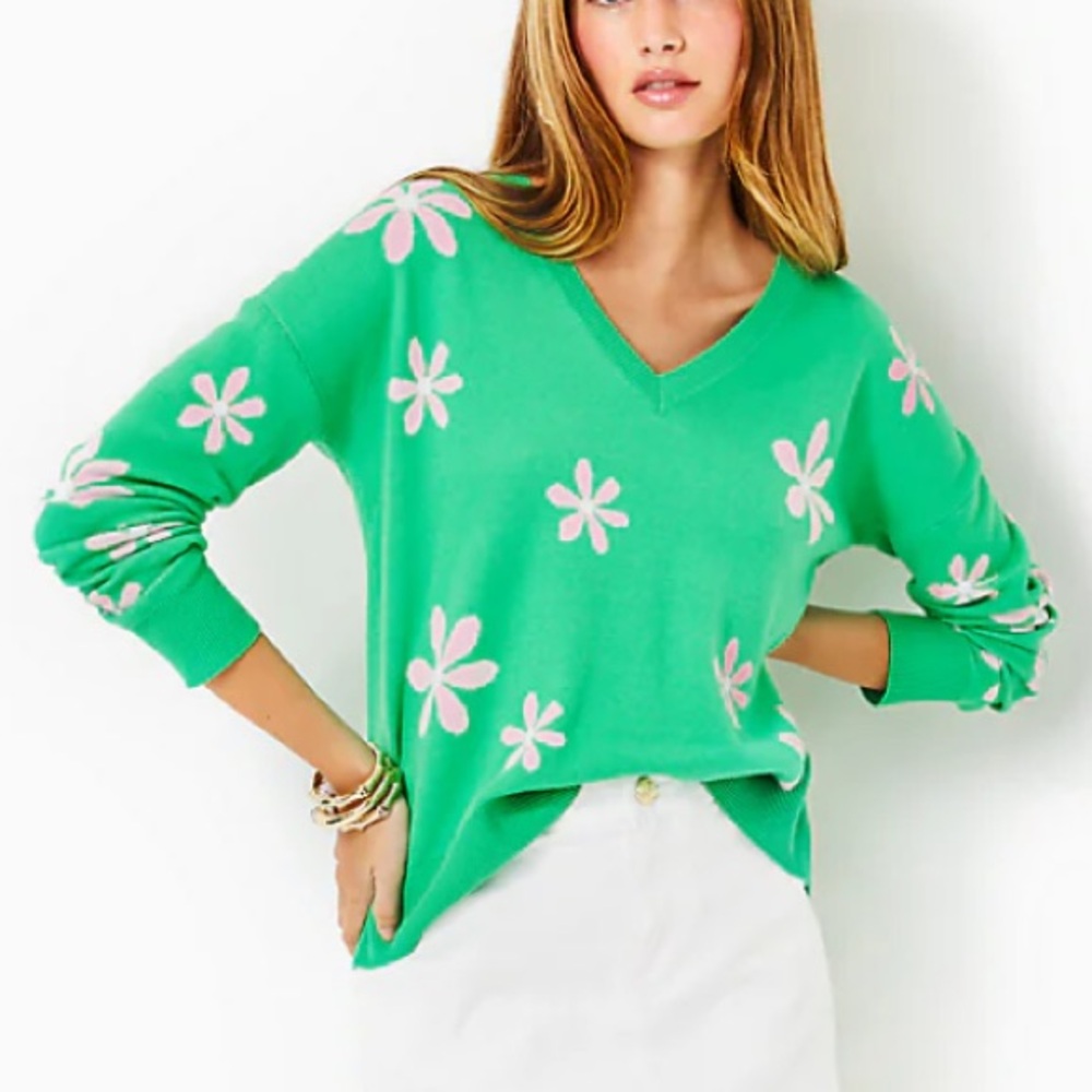 Lilly Pulitzer Tensley Green V-Neck Sweater with Pink Floral Design